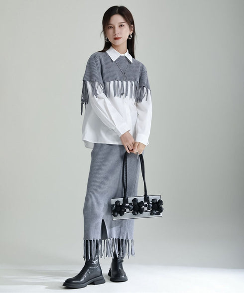 Fringe Knit Cape & Skirt Co-ord